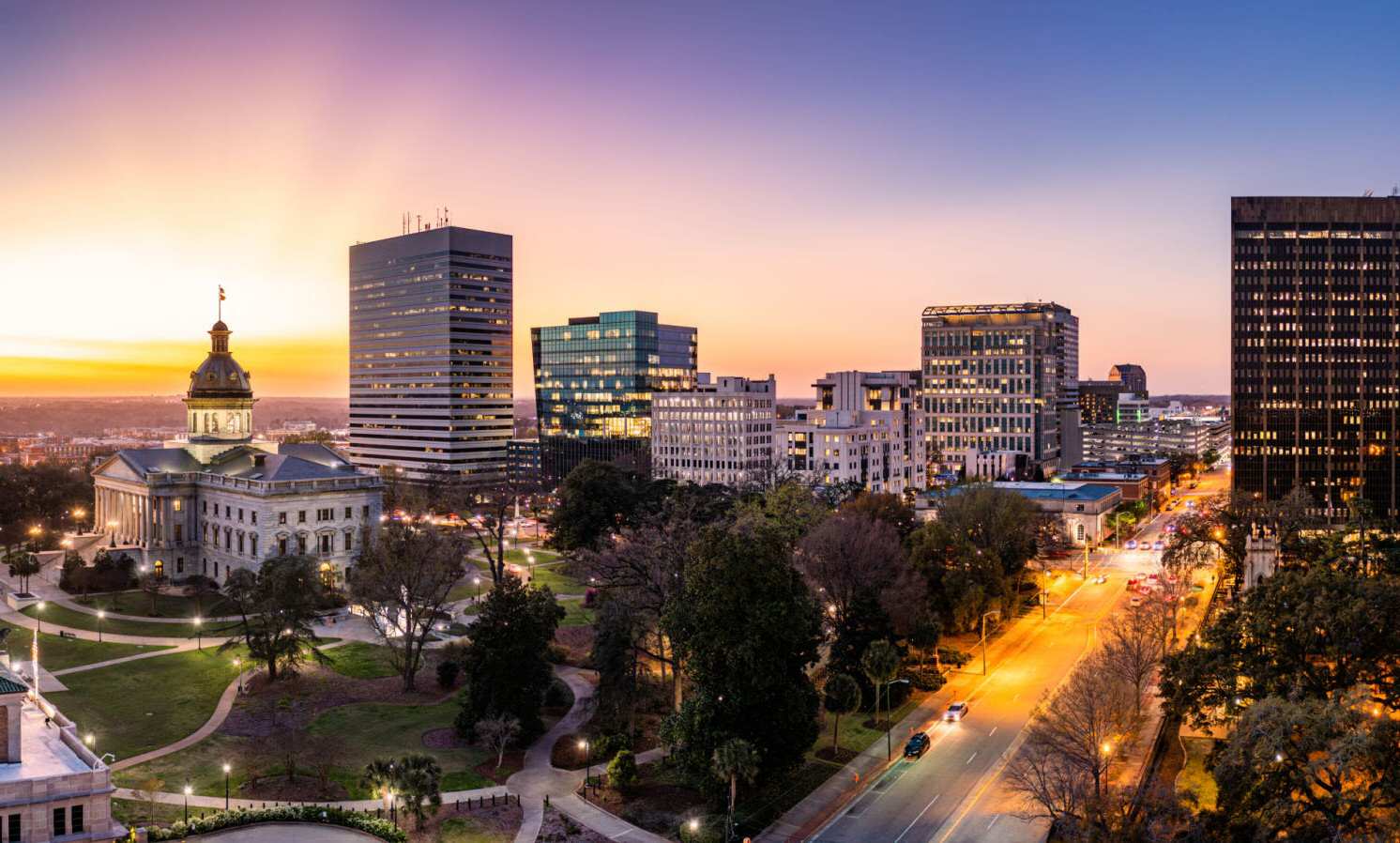 Columbia SC skyline featuring the State House and downtown business corridor