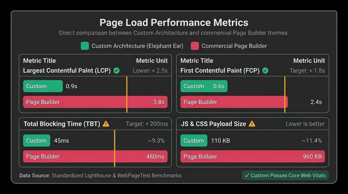 Page Load Performance Metrics - Direct comparison between Custom Architecture and commercial Page Builder themes.